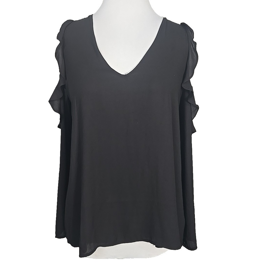 LUSH‎ Black Silky Chiffon Ruffled Cold Shoulder Blouse Top Small S